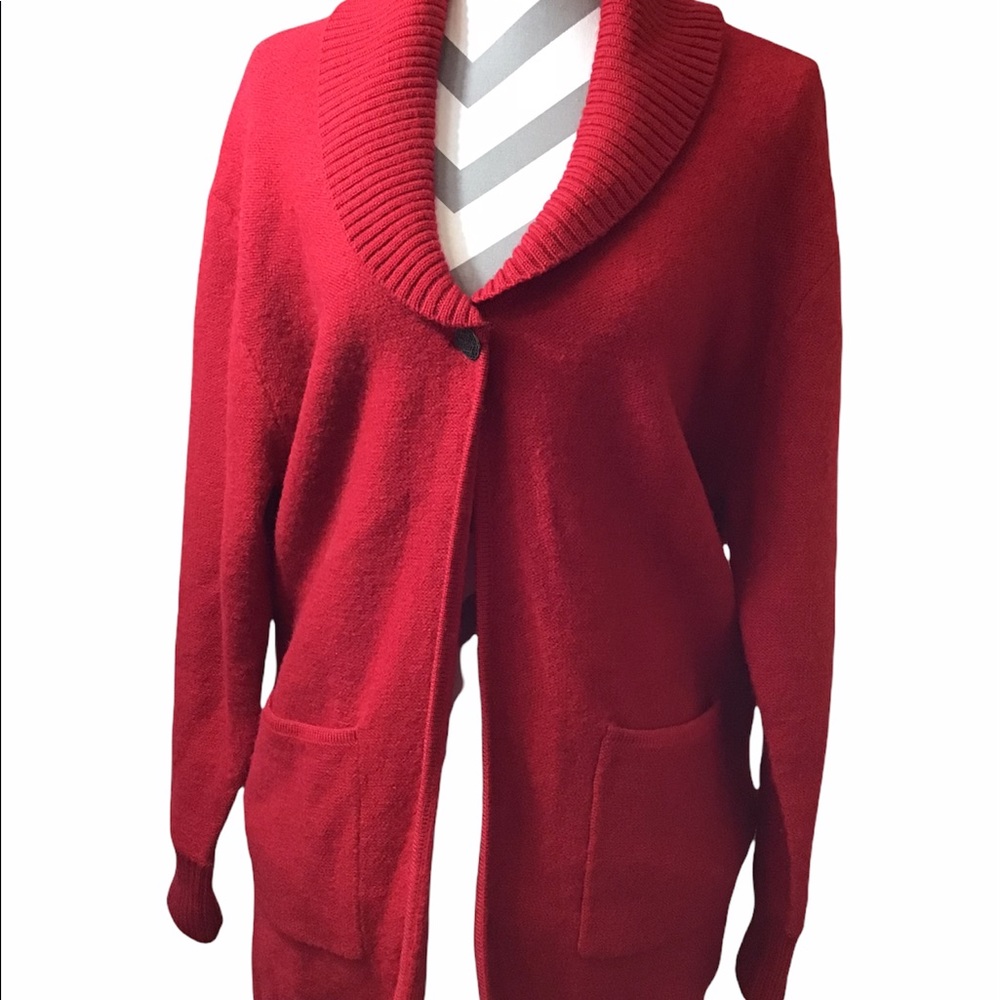 KAREN SCOTT 100% Wool red cardigan with front pockets one button